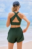 Green Colorblock Diagonal Striped Round Neck Unique Bikini Top and Boy Short Set