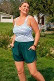 White Striped Adjustable Straps Sporty Plus Size Bikini Top with Boy Short Set