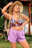 Purple Floral Knot Front Chic Plus Size Bikini Top with Boy Short Set