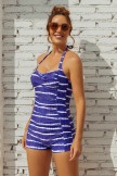 Blue Striped Halter Strap Sweetheart Neck Ruching Tummy Control Casual OnePiece Swimsuit