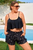 Black Ruffled Spaghetti Straps Chic Plus Size Bikini Top with Boy Short Set