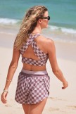 Mauve Checkered High Neck Soft Bikini Top