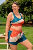 Teal Colorblock Scoop Neck Zipper Sporty Plus Size Bikini Top
