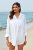 White FoldOver Collar Neck Long Sleeves Irregular Hem Cover Up