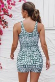 Green Geometric Scoop Neck Wide Straps Button Belt OnePiece Swimsuit