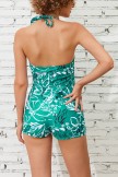 Green Floral Halter Strap Sweetheart Neck Ruching Tummy Control OnePiece Swimsuit