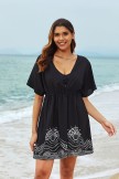 Black Geometric Print V Neck Short Sleeves Cover Up