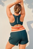 Teal Colorblock Zipper Back Sporty Plus Size Bikini Top with Boy Short Set