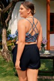 Floral Spaghetti Straps Crossback Chic Plus Size Bikini Top with Boy Short Set