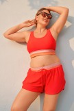 Red Colorblock Zipper Back Sporty Plus Size Bikini Top with Boy Short Set