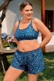 Daisy Floral Scoop Neck Stylish Plus Size Bikini Top with Boy Short Set