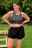Black Striped Crossback Timeless Plus Size Bikini Top with Boy Short Set