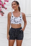 White Scoop Neck Adjustable Straps Zipper Front Bikini Top And HighWaist Boy Shorts Set