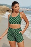 Dark Green Square Lattice Square Neck Adjustable Straps Sporty Bikini Top And HighWaist Boy Shorts Set