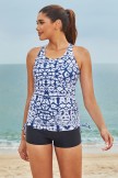 Blue Unique Geometric Pattern Scoop Neck Drawstring Sides Sporty Tankini Set