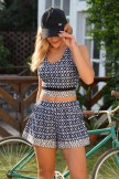Black and White Diamond Checkered Exquisite Bohemian Style Bikini Top and Boy Short Set