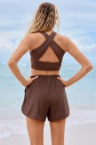Brown ColorBlock High Neck Minimalist Active Bikini Top and Boy Short Set
