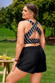 Black Striped Crossback Timeless Plus Size Bikini Top with Boy Short Set