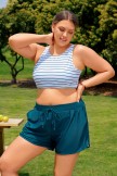 Green & White Striped Fresh Style Plus Size Bikini Top with Boy Short Set