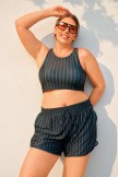 Deep Green Striped Wide Straps Sporty Plus Size Bikini Top with Boy Short Set