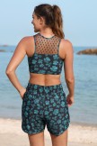 Green Floral Mesh Neck Chic Bikini Top with Boy Short Set