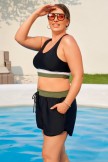 Black Colorblock Zipper Back Sporty Plus Size Bikini Top with Boy Short Set