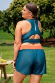 Teal Colorblock Elastic Waistband Stylish Plus Size Athletic Short with Pockets
