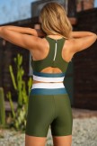Green Colorblock Round Neck Sports Fashion Bikini Top