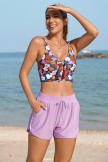 Purple Floral Knot Front Chic Bikini Top with Boy Short Set