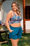 Green Floral Spaghetti Straps Crossback Plus Size Bikini Top with Boy Short Set