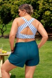 Green & White Striped Fresh Style Plus Size Bikini Top with Boy Short Set