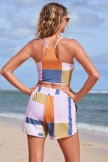 Full Energy and Sporty Vibes Multicolor Colorblock Geometric Bikini Top with Boy Short Set