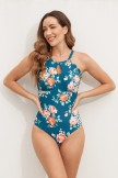 Green Floral Print Adjustable Spaghetti Strap Fashion OnePiece Swimsuit