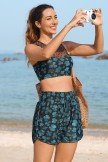 Green Floral Mesh Neck Chic Bikini Top with Boy Short Set