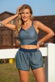 Blue Checked VNeck FigureFitting and Sporty Bikini Top and Boy Short Set
