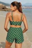 Dark Green Square Lattice Square Neck Adjustable Straps Sporty Bikini Top And HighWaist Boy Shorts Set