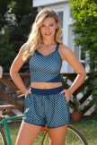 Blue Checked VNeck FigureFitting and Sporty Bikini Top and Boy Short Set