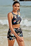 Black Floral Scoop Neck Sporty Bikini Top With HighWaisted Boy Shorts Set