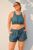 Green Striped Round Neck Sporty Plus Size Bikini Top with Boy Short Set