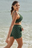 Dark Green Square Lattice Square Neck Adjustable Straps Sporty Bikini Top And HighWaist Boy Shorts Set