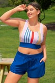 Colorful Striped Zipper Stylish Plus Size Bikini Top with Boy Short Set