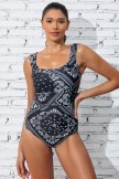 Black Floral Scoop Neck Wide Straps Tummy Control OnePiece Swimsuit